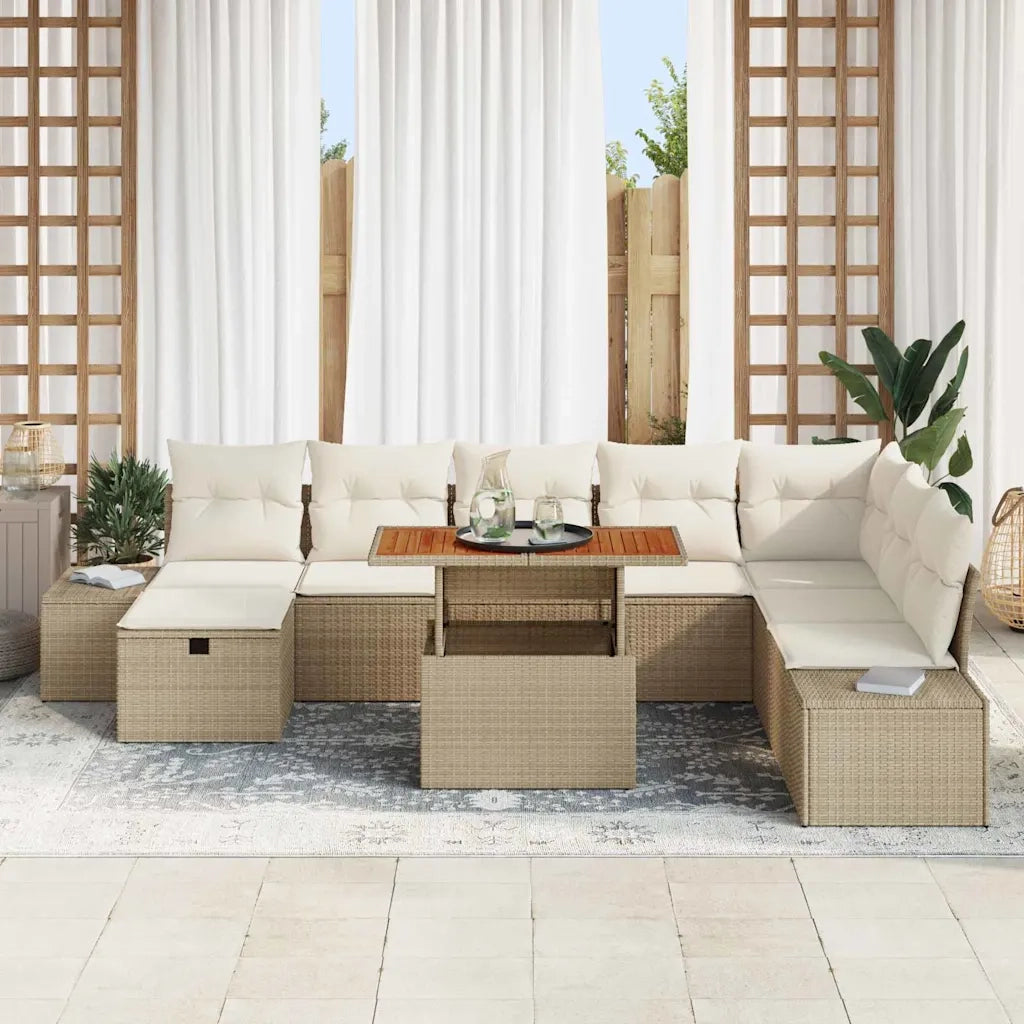 Set Divano da Giardino con cuscino 9 pcs Beige polyrattan