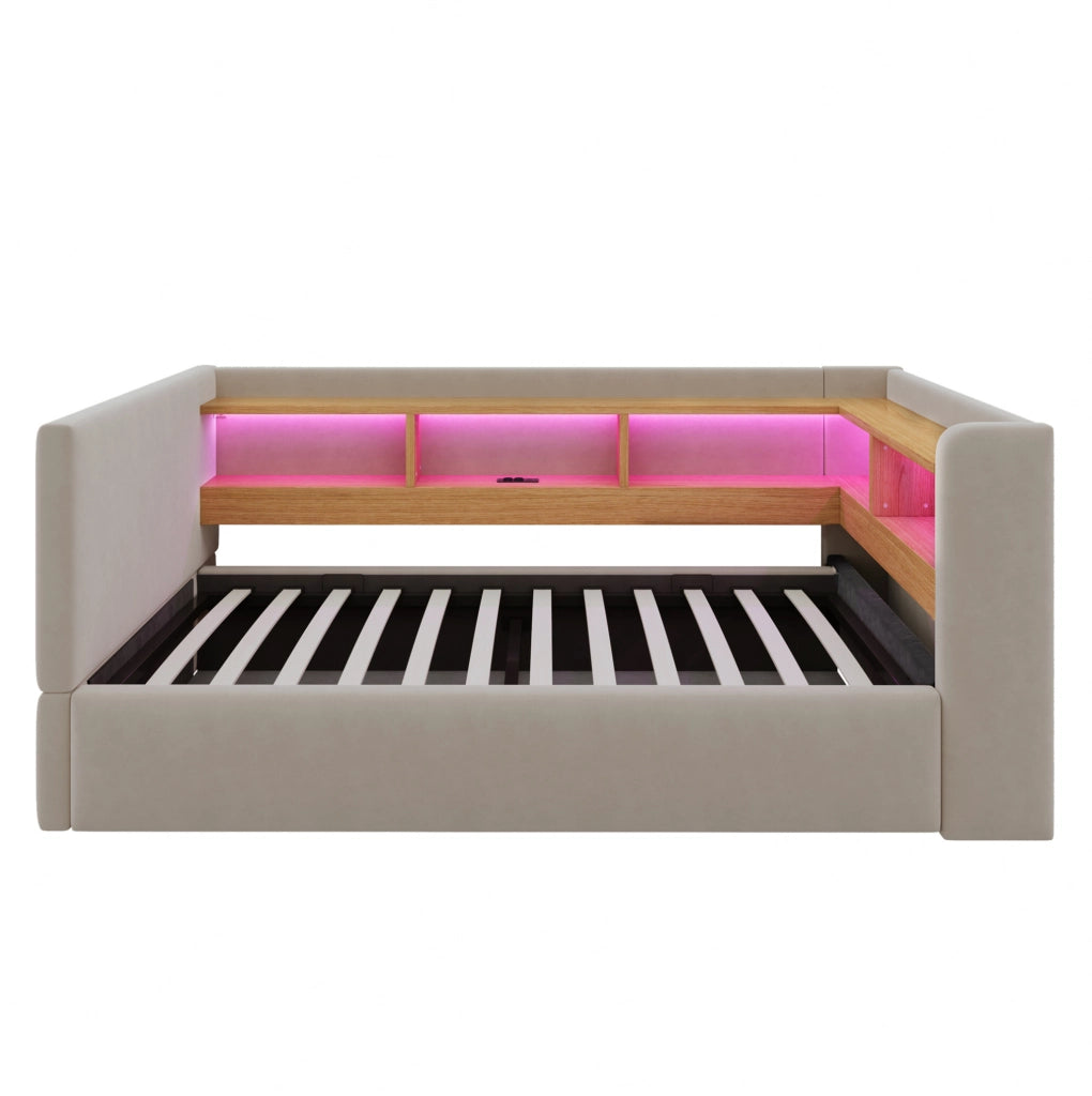 Divano Letto Imbottito 90x190 cm con Contenitore Idraulico, LED e Prese, Colore Grigio Scuro