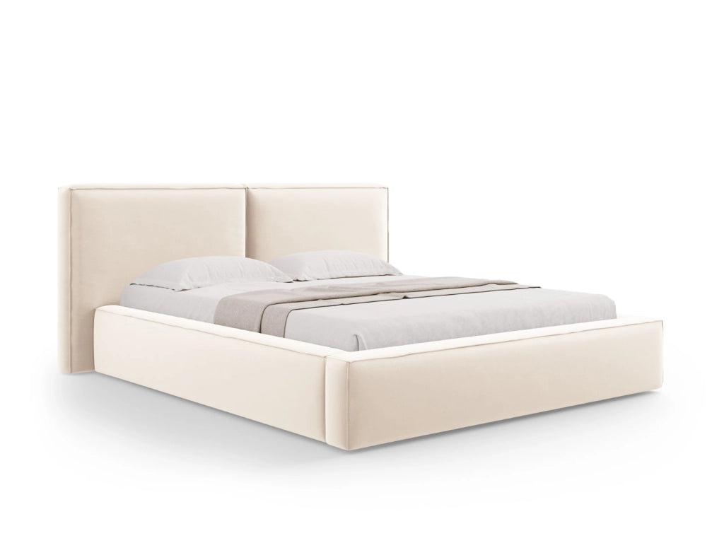 Cosmopolitan Design - Letto a cassettone con testiera doppia "Arendal" 180x200cm in velluto beige chiaro 