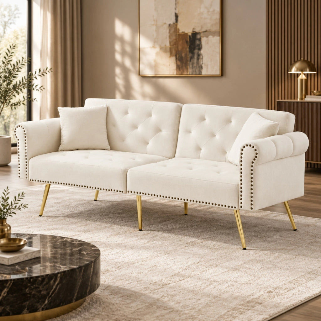 Divano letto 2 posti con schienali regolabili in 3 posizioni rivestimento in velluto beige piedi in metallo dorato