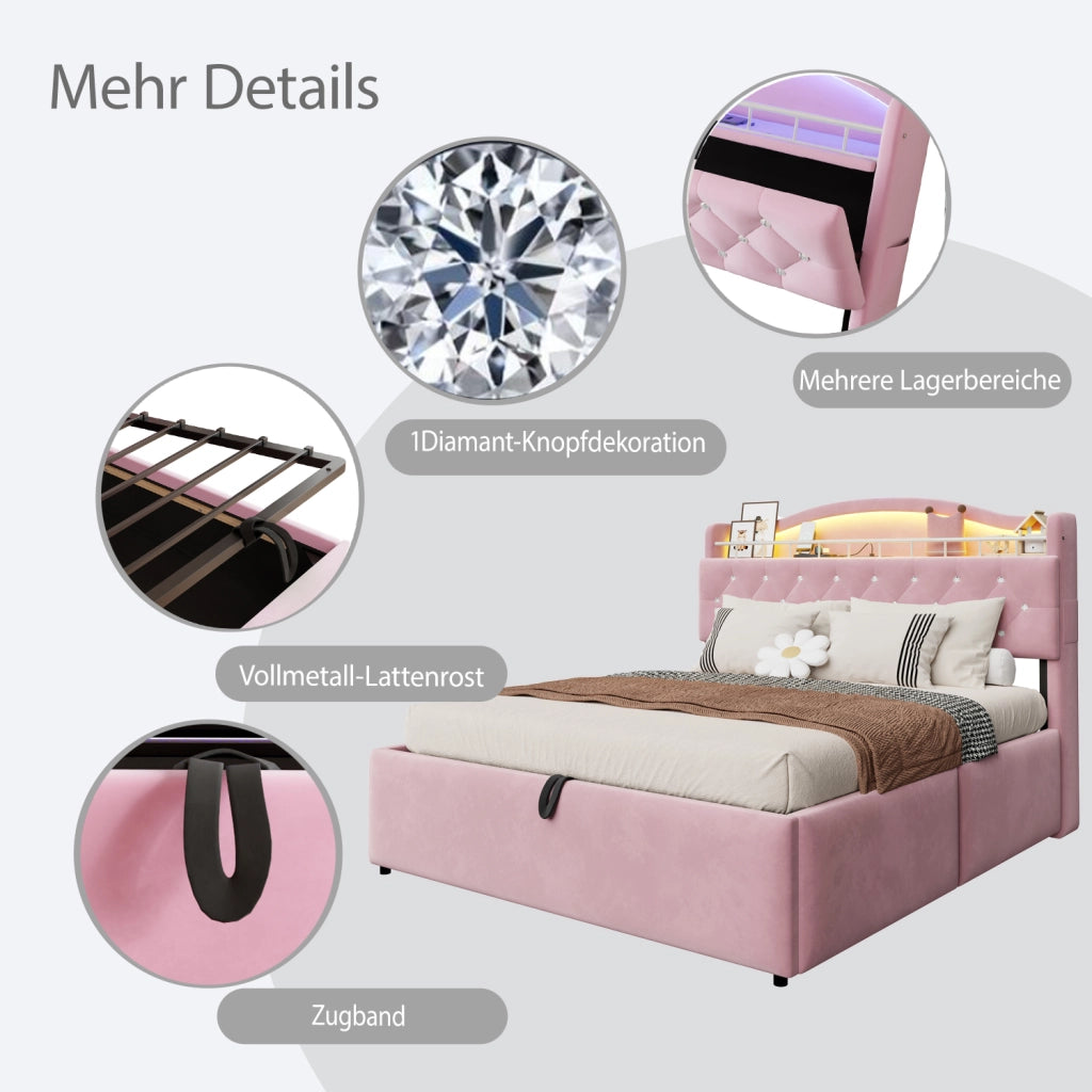 letto imbottito tessuto rosa 140 x 200 cm