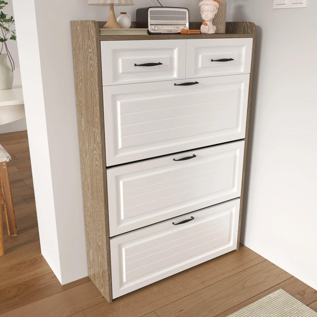 Scarpiera con 3 ripiani girevoli e cassetti maniglie in metallo bianco e naturale 80 × 23.5 × 131 cm