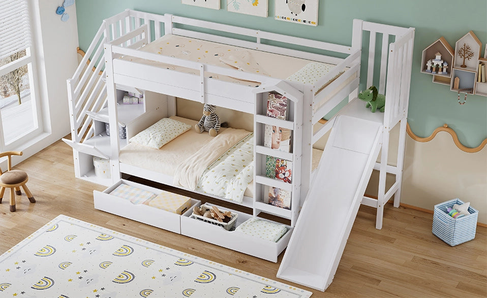 Letto a castello per bambini con scivolo, due cassetti su rotelle e scaletta con armadietto, bianco 90x200 cm