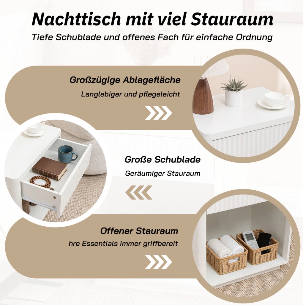 Set da 2 Comodini con Cassetto e Ripiano Aperto, Tavolino da Camera con Design a Pannelli Increspati, Struttura in Legno Robusto 63,5x38x46,5 cm