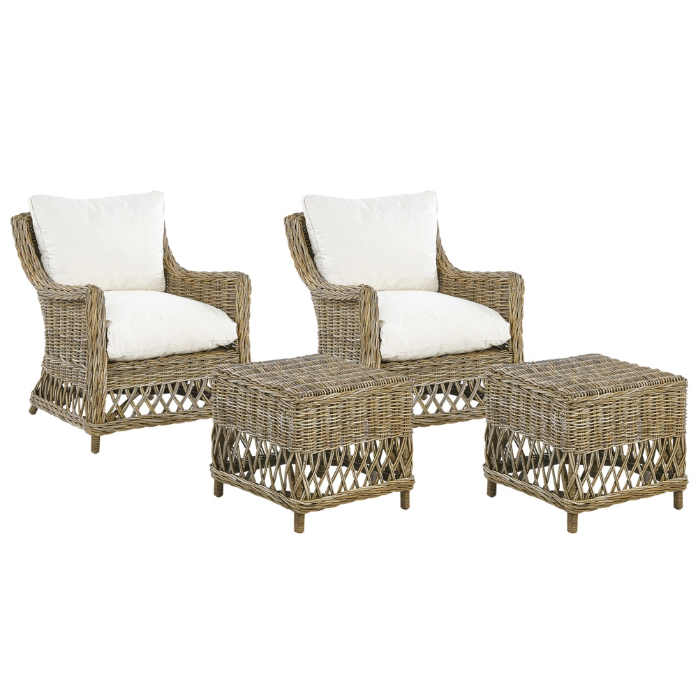 Set di 2 poltrone da giardino in rattan naturale con poggiapiedi in cotone cuscini schienale bianco sporco per interni ed esterni