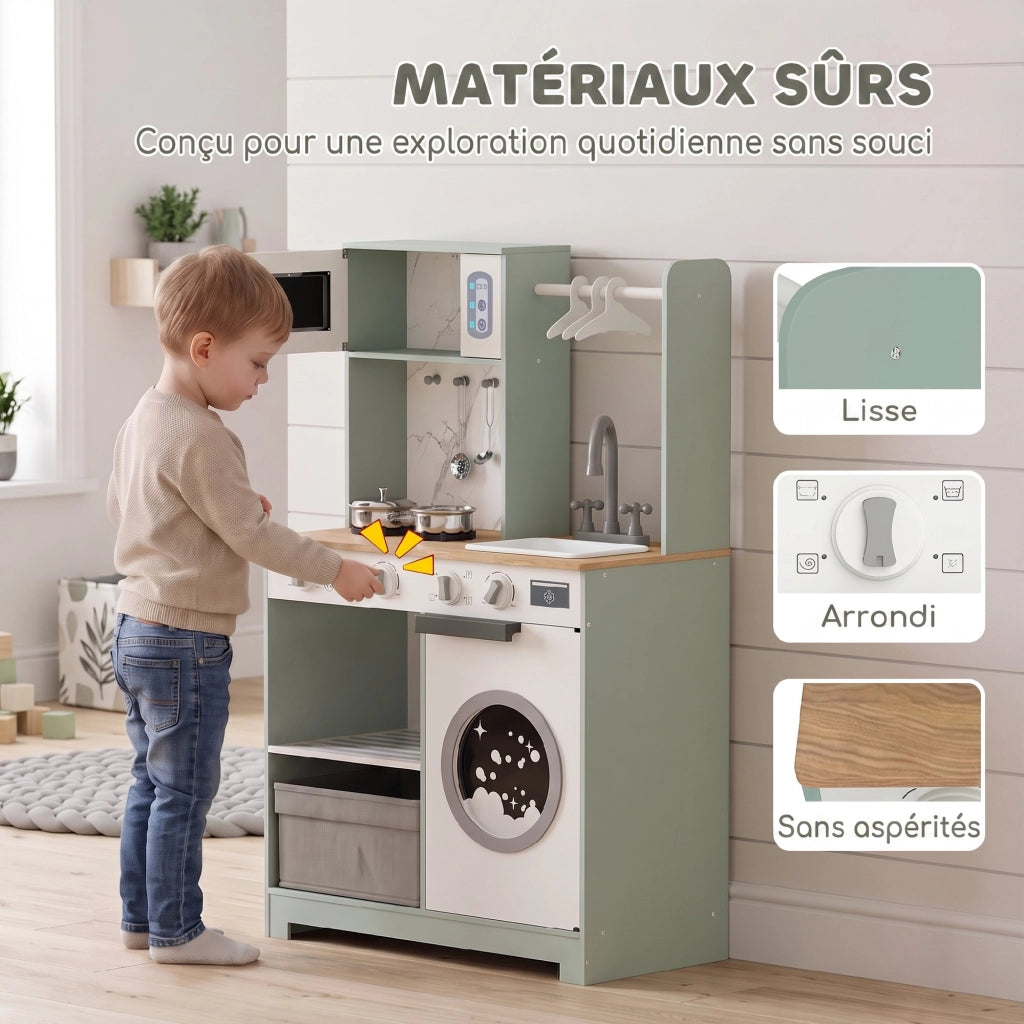 Cucina Giocattolo per Bambini Gioco d'Imitazione con Lavello Microonde e 5 Accessori Verde Pratico per Casa