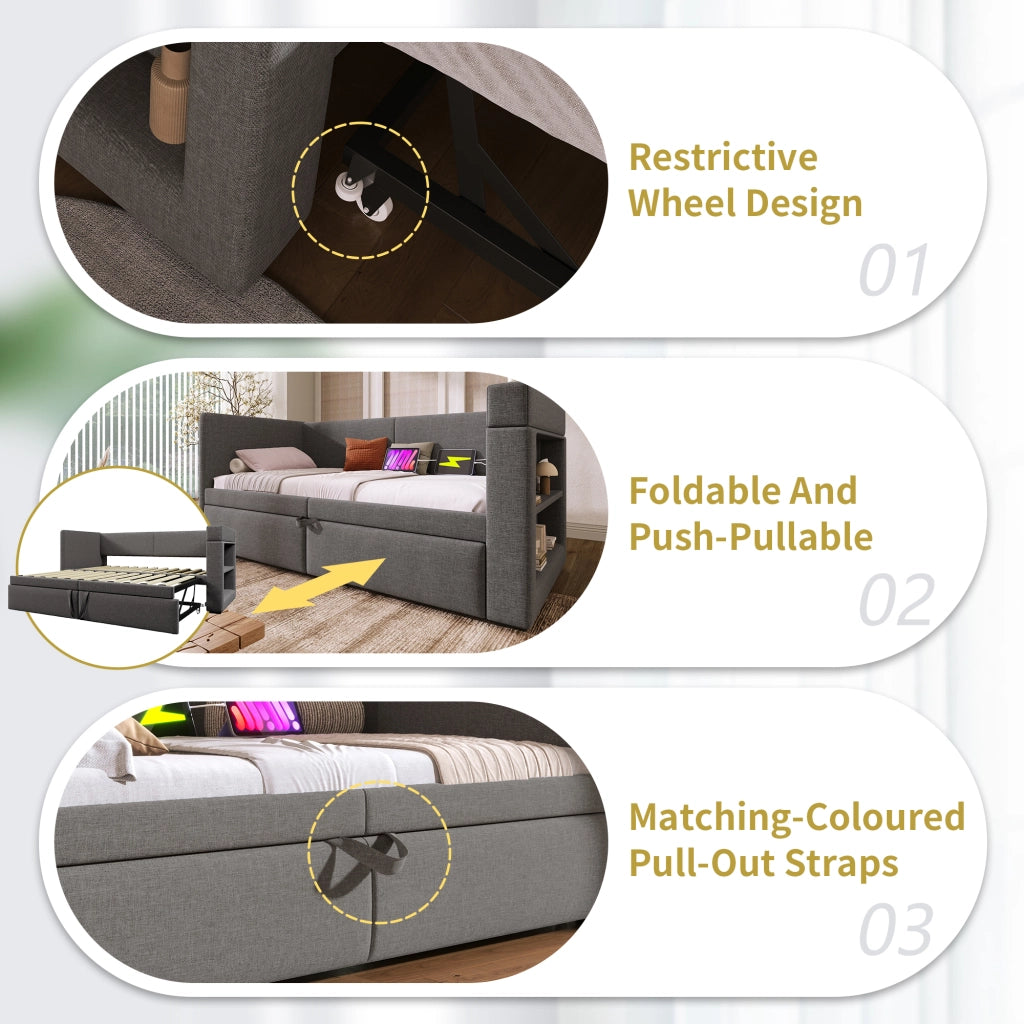 Letto con letto estraibile 90 × 200 cm con ricarica USB e Type-C portabevande rivestito in cotone e lino grigio