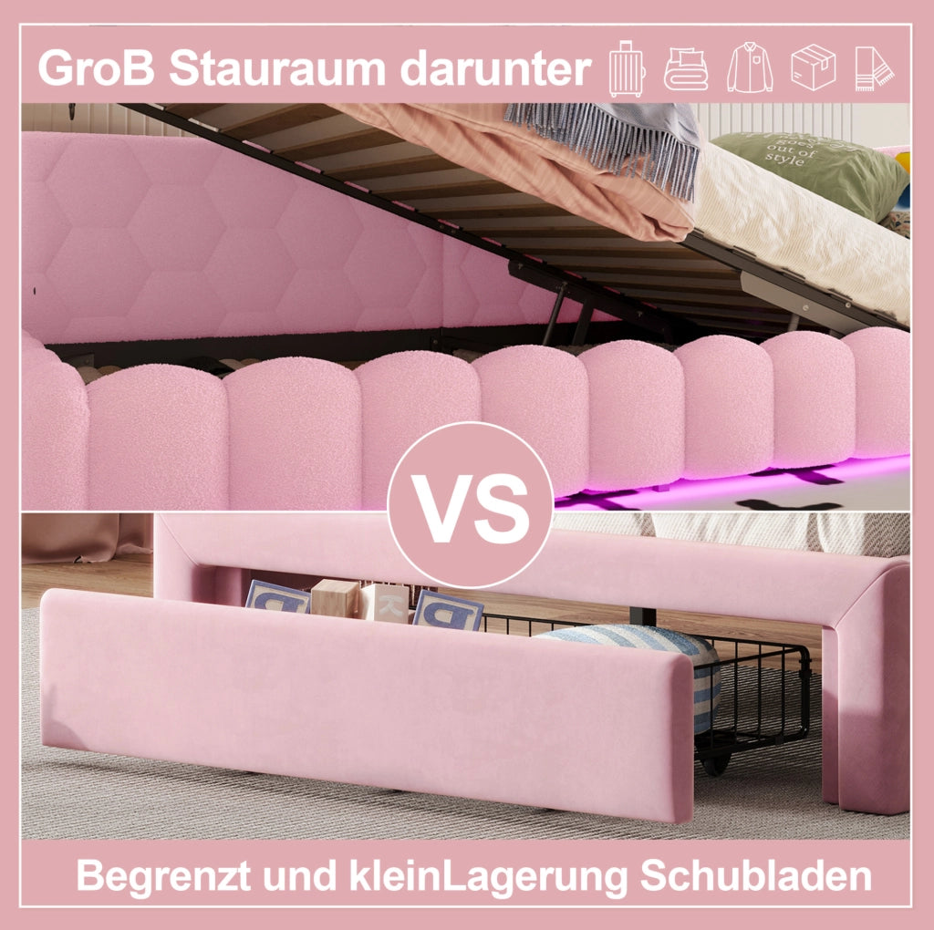LETTO 90x200 cm Rosa in Vliesimitat e MDF con luce LED, USB e Type-C