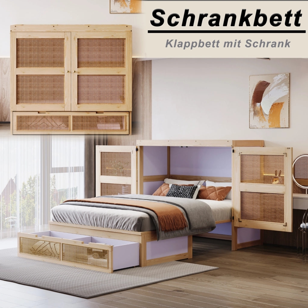 Letto a scomparsa 140 × 200 cm verticale con rete a doghe e cassetti in legno color legno design rattan