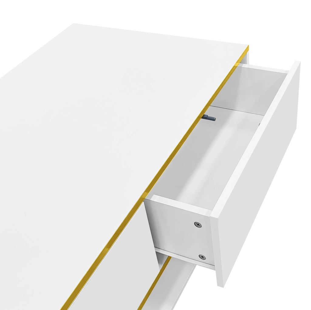 Tavolino da caffè LED 100x50x40 cm con 3 cassetti; bianco lucido e oro