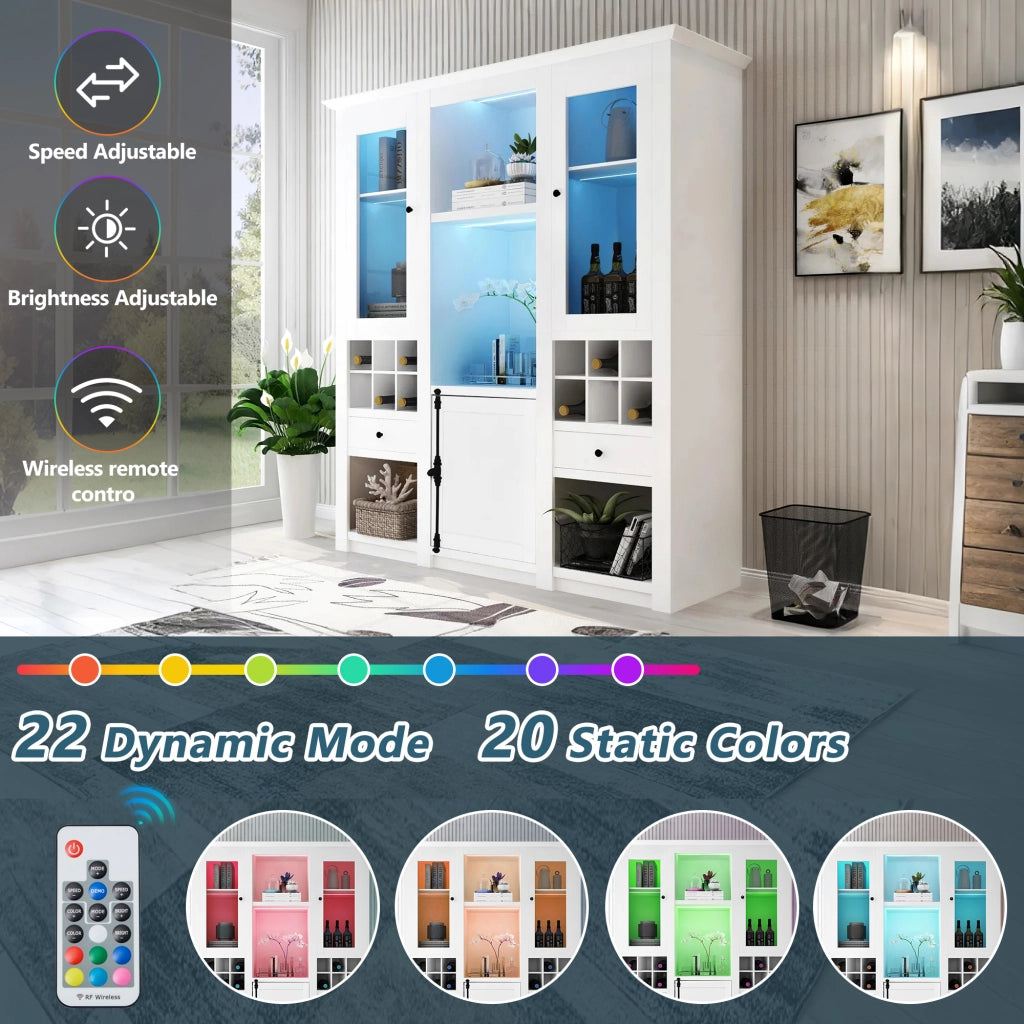 Vetrina a 2 ante con LED a 16 colori e 2 cassetti in MDF bianco con pannelli acrilici 143 × 45.5 × 170 cm