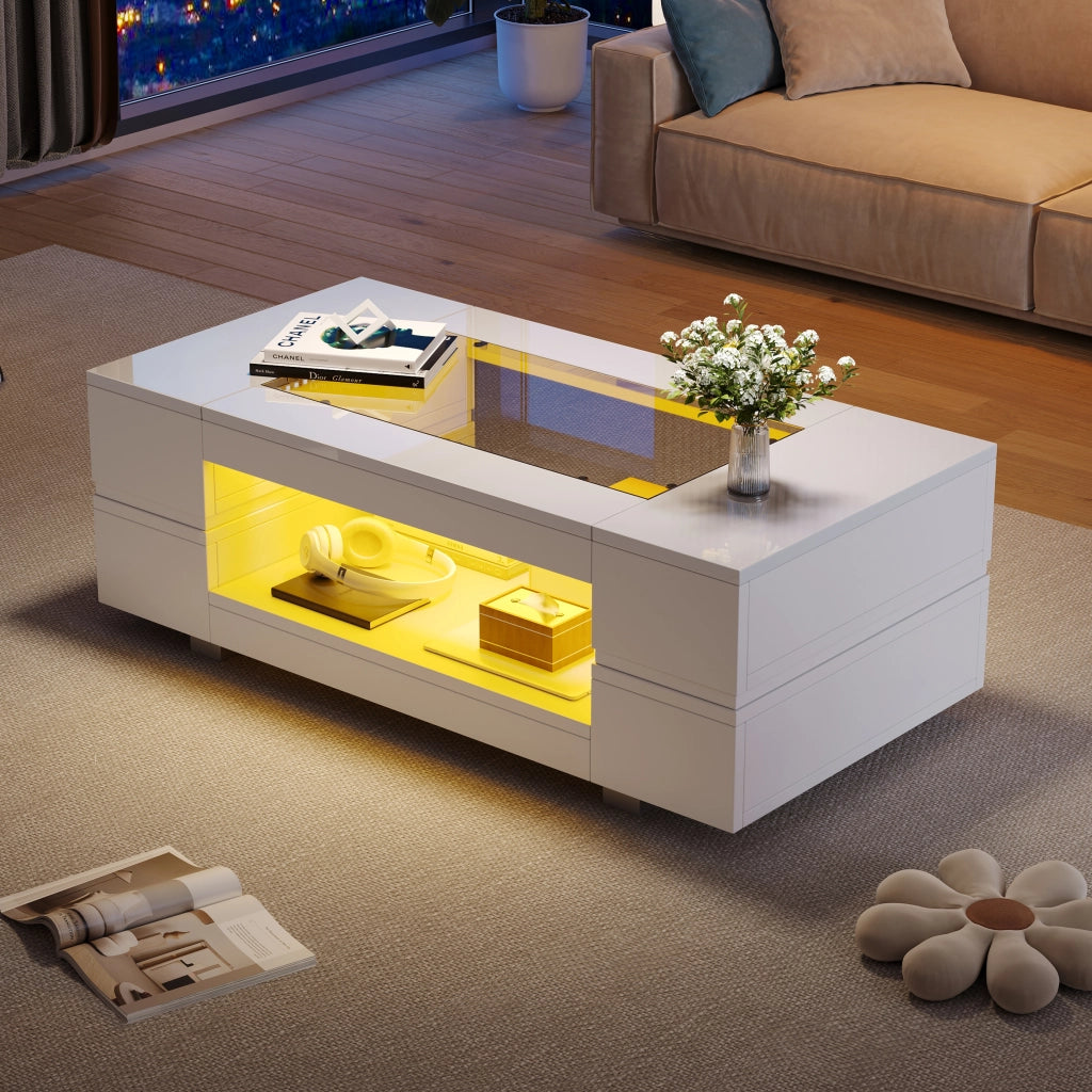 Tavolino basso fisso LED con app e telecomando; doppio ripiano; piano in vetro; bianco 100 × 50 × 35 cm