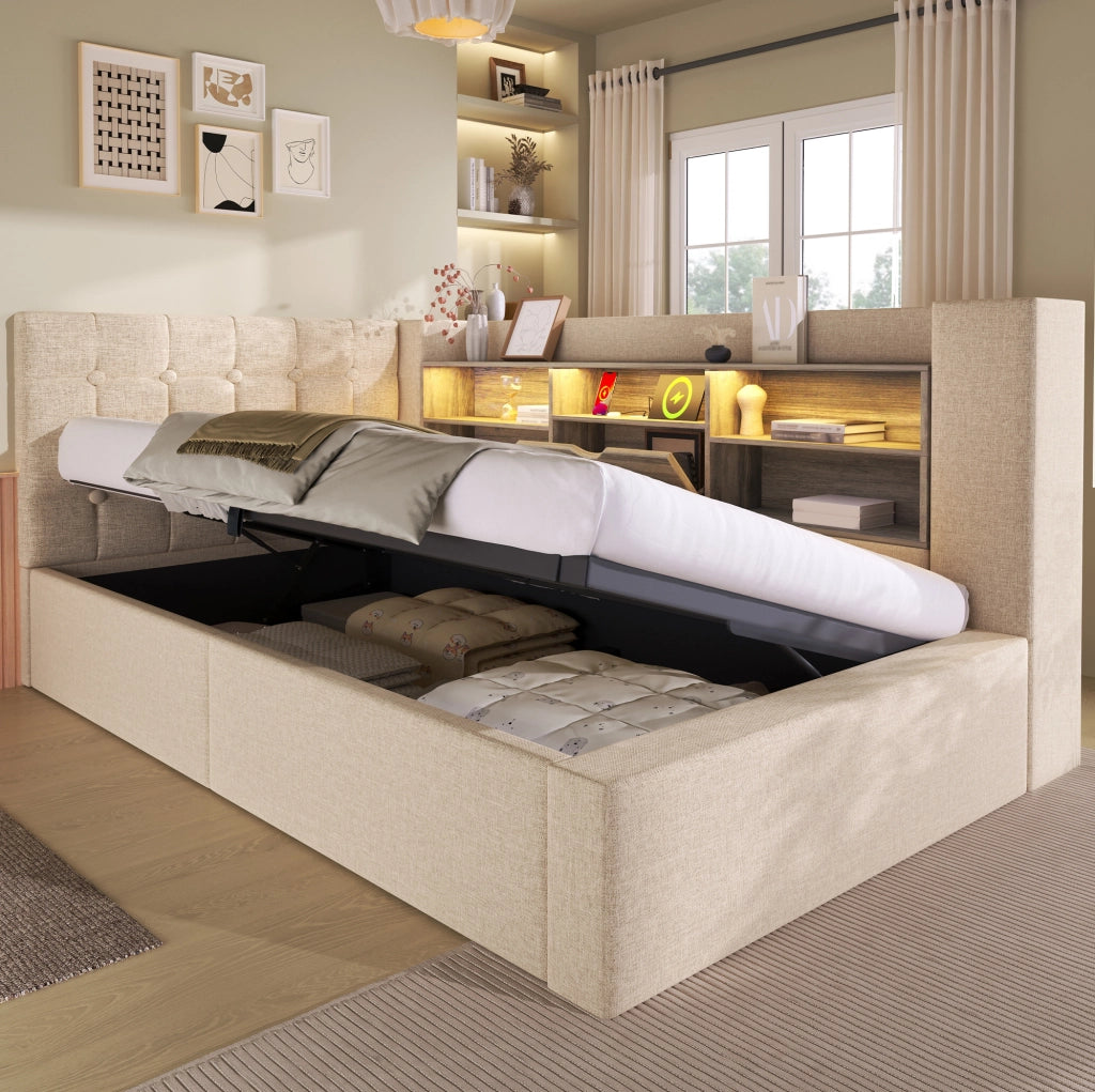 Letto singolo imbottito 90x200 cm con contenitore idraulico, testiera angolare reversibile, illuminazione LED e materasso incluso, tessuto in lino beige