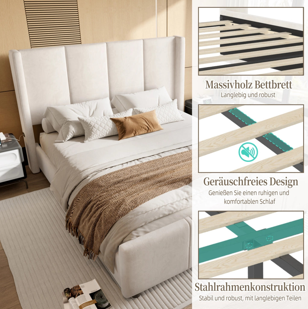 Letto imbottito 140 x 200 cm beige con testiera alta e porte USB/Type-C