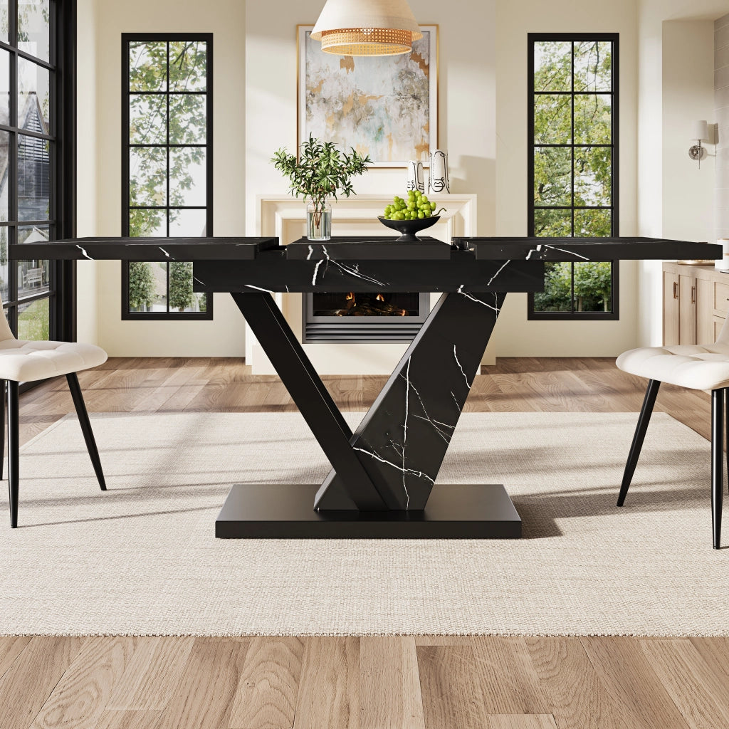 Tavolo da pranzo allungabile 120-160x75 cm, piano effetto marmo nero, MDF e metallo, 4-6 posti
