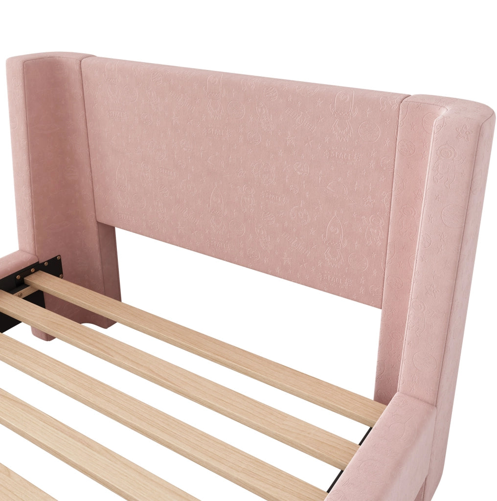 Letto per bambini 90x200 cm a slitta in velluto rosa con doghe in legno massello