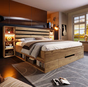 Letto matrimoniale 180x200 in legno massello con contenitori, illuminazione LED e ricarica USB-C, struttura robusta in metallo e MDF, colore rovere (senza materasso)