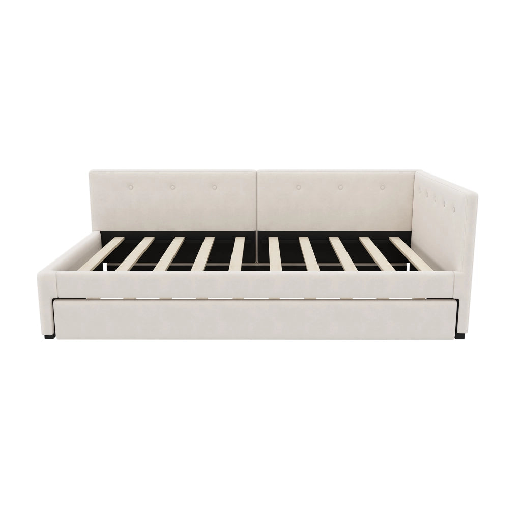 Divano letto singolo 90x200 cm con letto estraibile 90x190 cm; velluto beige; rete a doghe e testiera
