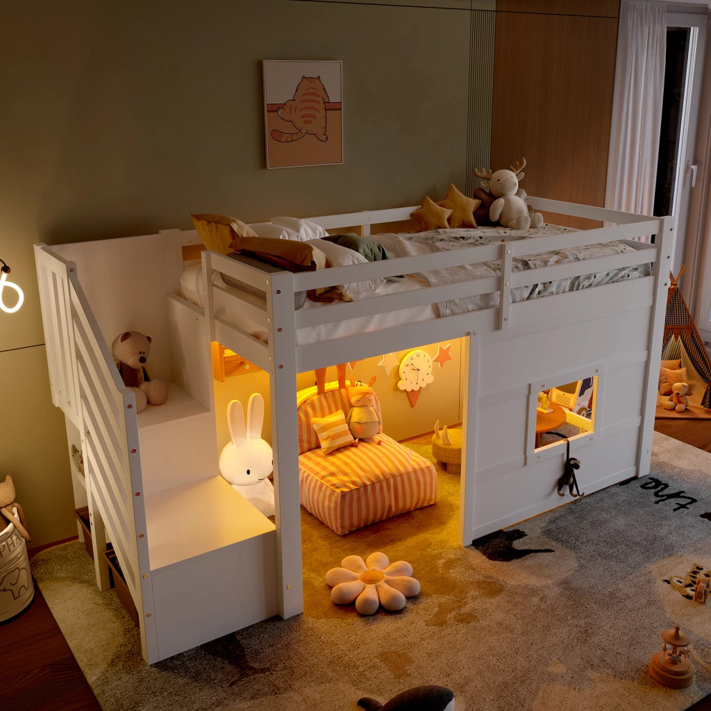 Letto a soppalco 90 x 200 cm con scala contenitore e finestra - Bianco