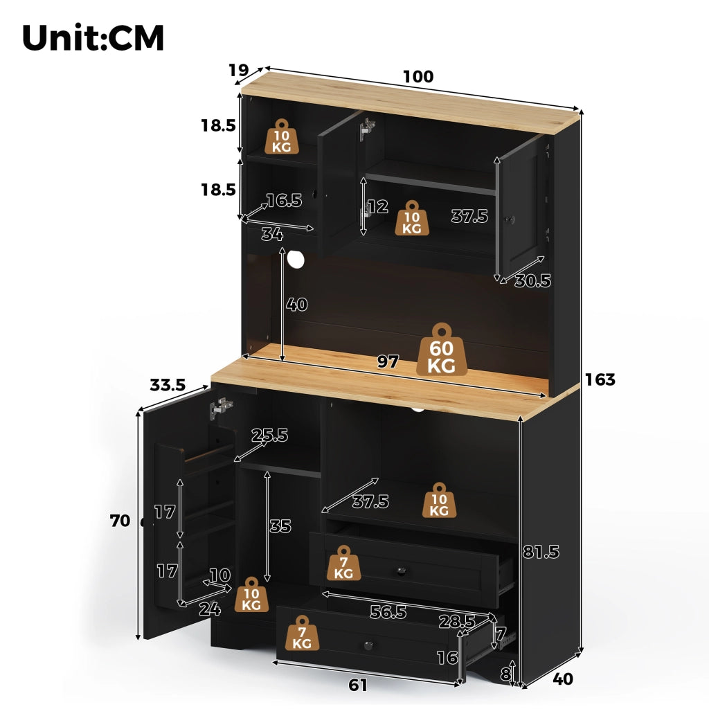 Mobile dispensa cucina 100x40x163 cm con vano microonde; LED e prese USB nero HOMVRA