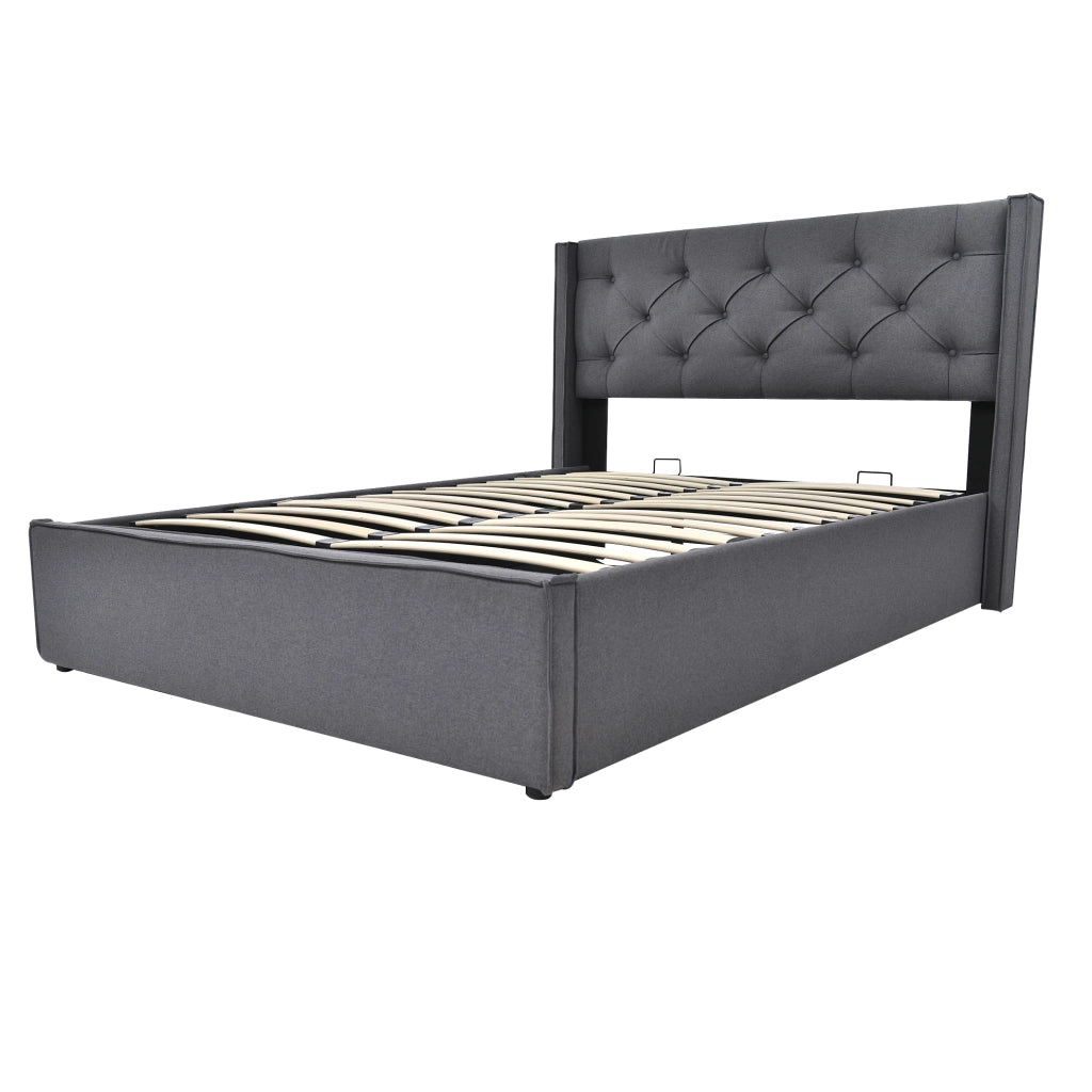 Letto matrimoniale 160x200 cm in cotone grigio con contenitore e rete sollevabile