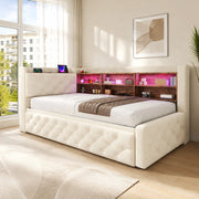Letto divano estraibile 90 × 190 cm 1 posto con LED, USB, Type-C e vano nel bracciolo, senza materasso, velluto, beige
