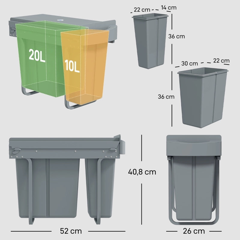 Pattumiera estraibile da incasso 30 l con 2 secchi 20 l e 10 l telaio in metallo grigia 52 × 26 × 40.8 cm