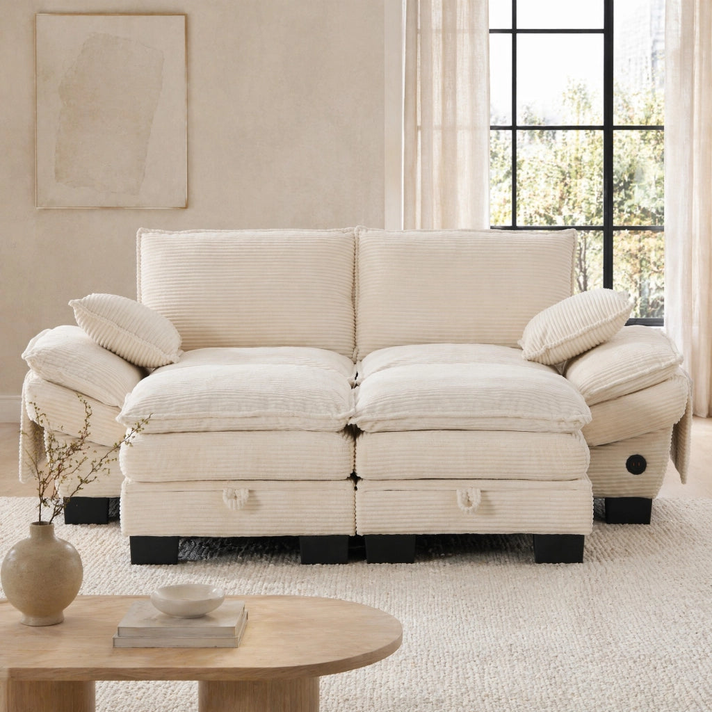 Sofa modulare 2 posti in corduroy con 2 pouf; USB-C; beige; 190x132x84 cm