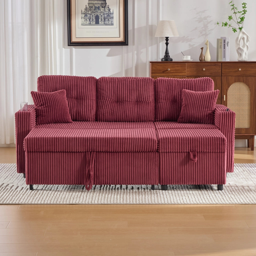 Divano letto modulare con contenitore; USB-C e LED - in velluto a coste - rosso vino