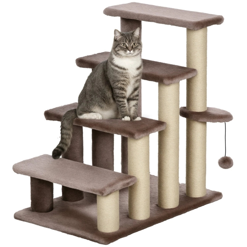 Scala per gatti con tiragraffi in corda di juta e pallina marrone in legno 60 × 40 × 64 cm