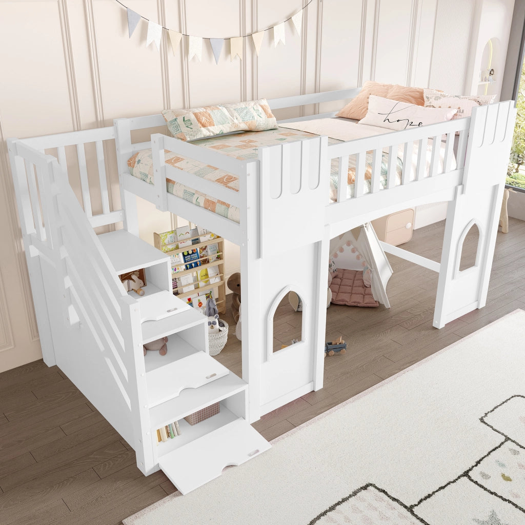 Letto a soppalco 90 x 200 cm con scala contenitore e 2 finestre, letto per bambini in legno bianco con sponde di sicurezza, area gioco e rete a doghe