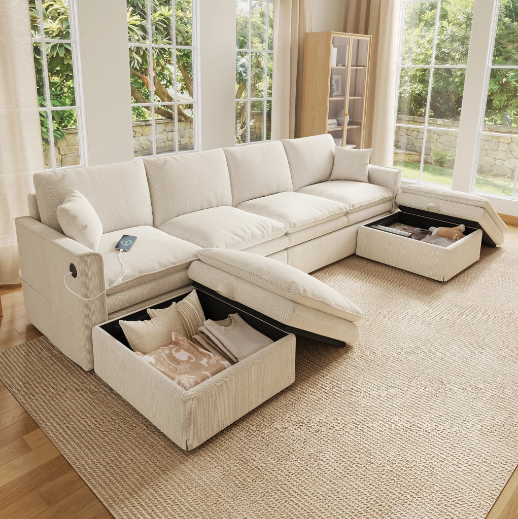 Divano modulare ad angolo a U/L 6 posti con 2 pouf contenitori, tessuto cotone-lino beige, 277×80×135 cm