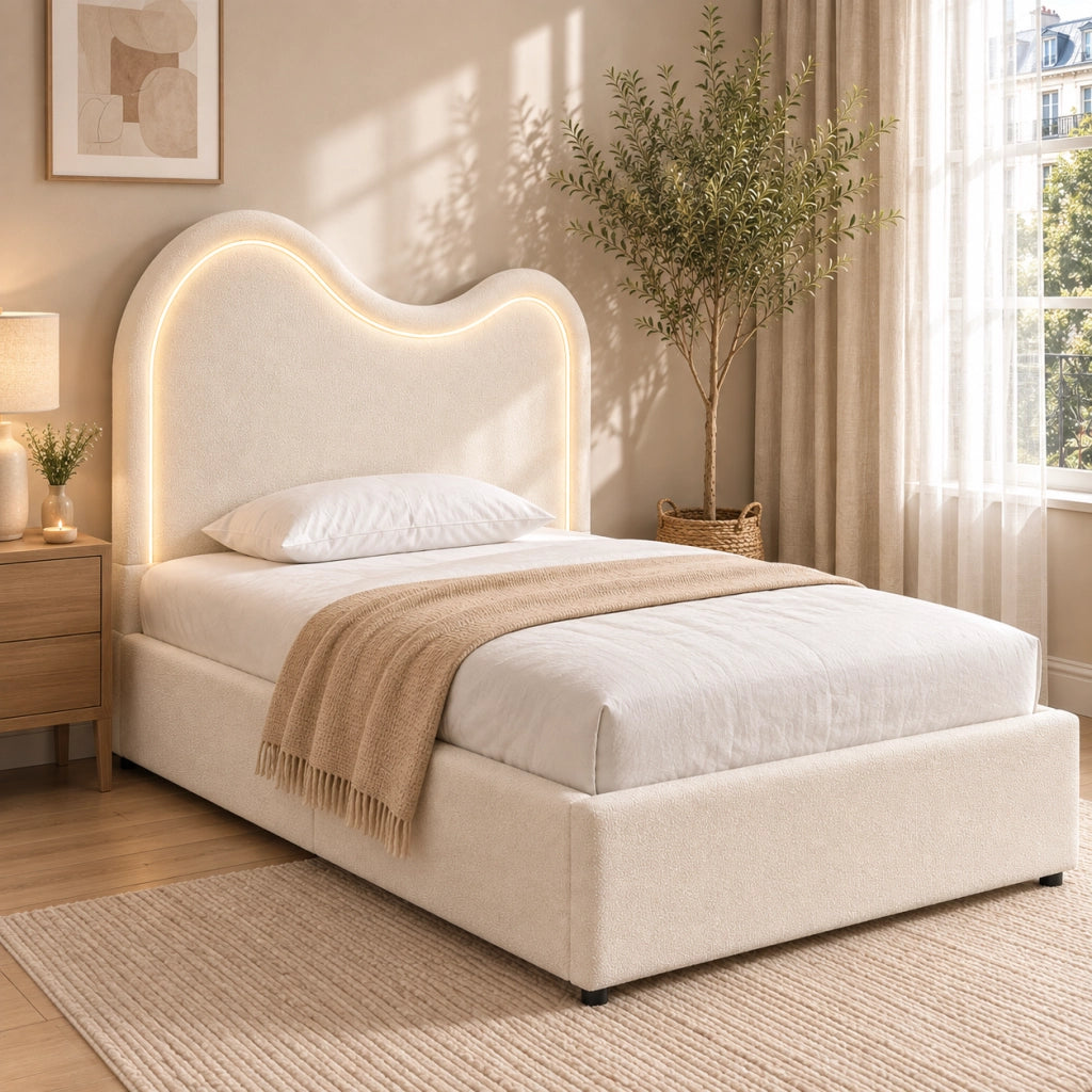 Letto contenitore singolo 90x200 cm per bambini; imbottito; sollevamento idraulico; rete a doghe; bouclé bianco