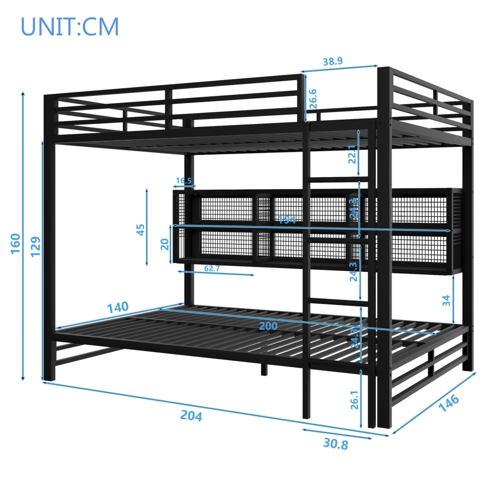 Letto a castello con armadi e LED, 140x200 cm, nero