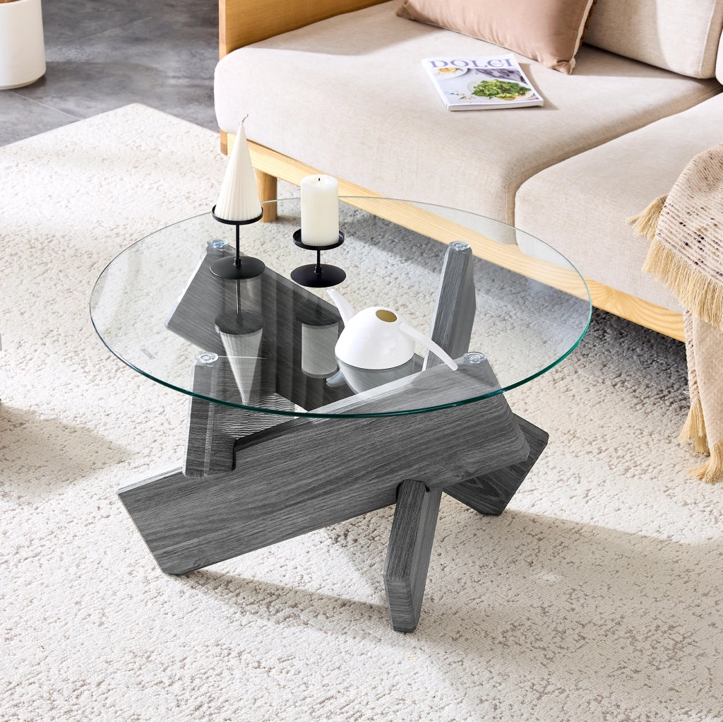 Tavolino rotondo in MDF e vetro temperato grigio, diametro 79 cm, gambe a croce