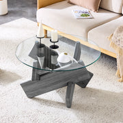 Tavolino rotondo in MDF e vetro temperato grigio, diametro 79 cm, gambe a croce