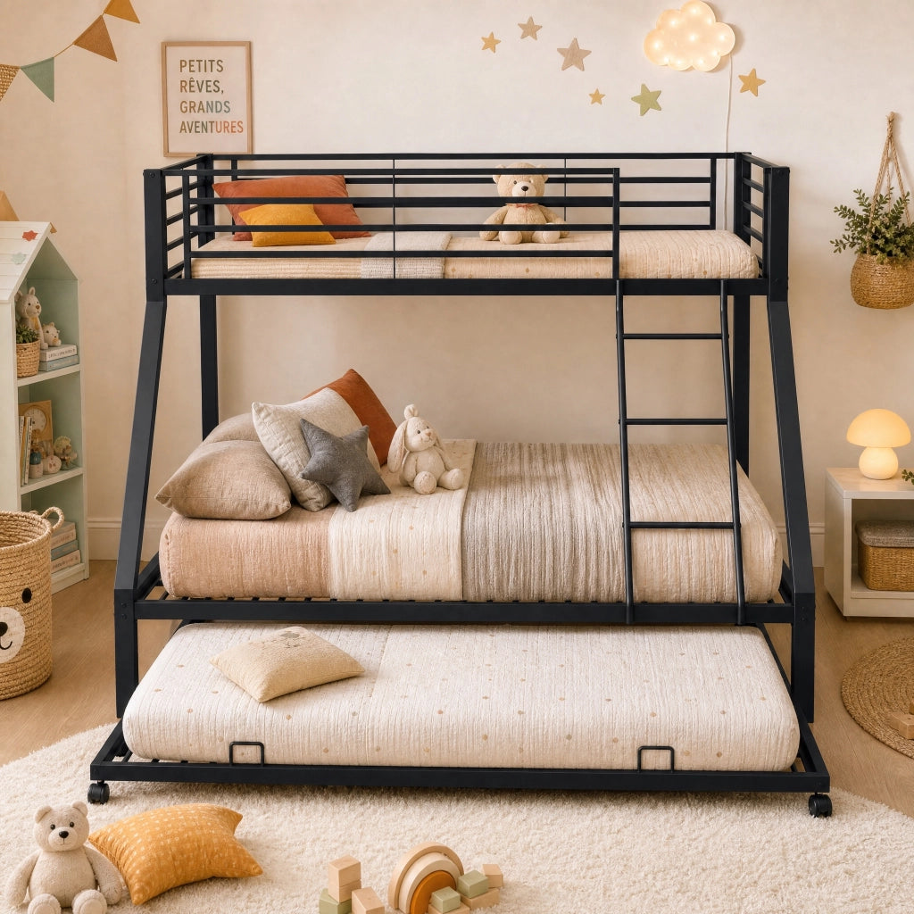 Letto a castello in metallo nero 90 × 200 cm e 140 × 200 cm con letto estraibile 90 × 190 cm fino a 550 kg