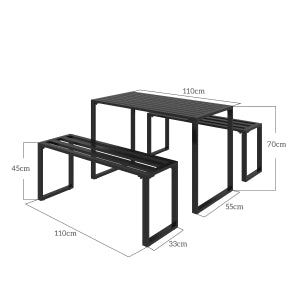 Set da giardino 3 pezzi con tavolo e due panche in metallo nero per 4 persone 110 × 55 × 70 cm