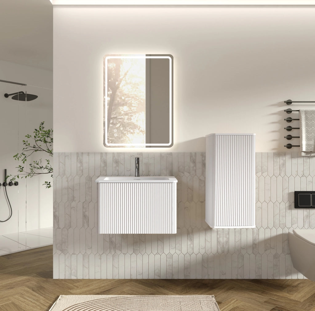 Set Mobili Bagno Moderno con Specchio LED, Mobile Sottolavabo 60 cm Bianco con Lavabo in Pietra Sintetica e Colonna Laterale