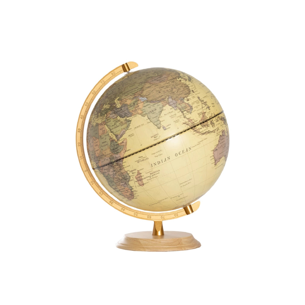 Mappamondo Decorativo da Tavolo - Globo Terrestre Vintage con Base in Legno e Arco Graduato Dorato, Mappa Politica ad Alta Definizione - Complemento d'Arredo Casa e Ufficio 20.50 Cm
