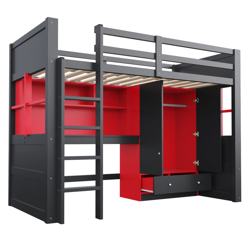 Letto a soppalco 90x200 cm gaming nero e rosso con scrivania; armadio e cassetti