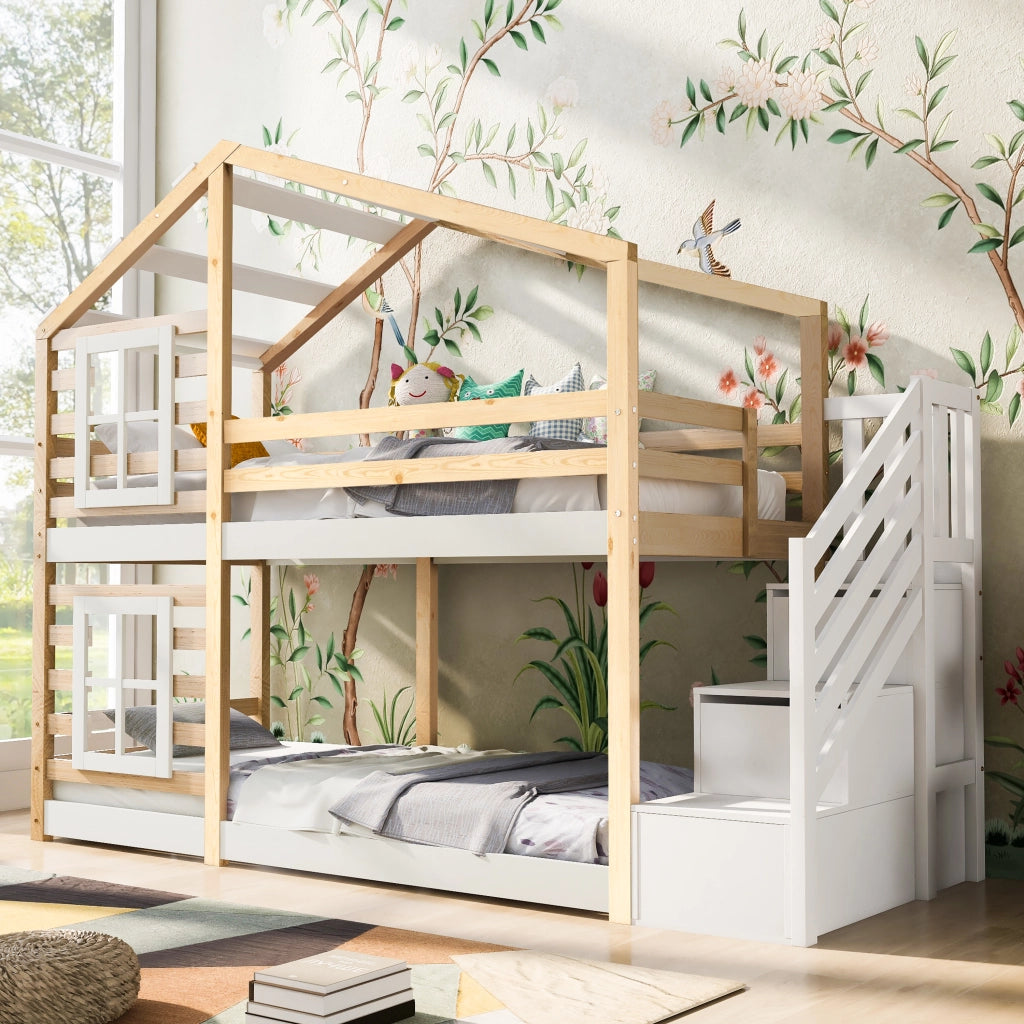 Letto a castello per bambini 90x200 cm a casetta con design ad albero; cassetti contenitore; legno massello e MDF; bianco e naturale