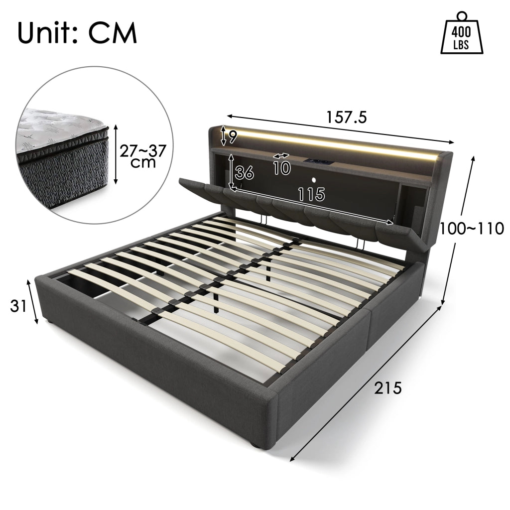Letto matrimoniale 140x200 grigio con LED, USB e materasso