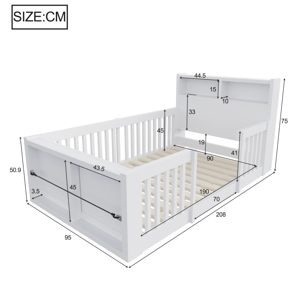 Letto singolo 90 × 190 cm con sponde alte USB luce notturna vano portoggetti ai piedi in legno bianco