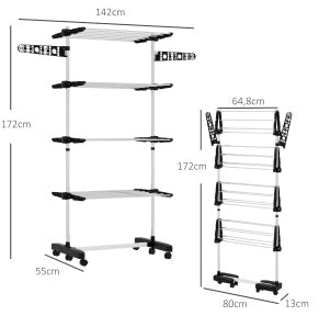 Stendibiancheria pieghevole a 5 livelli con ruote, 142x55x172 cm, nero e argento