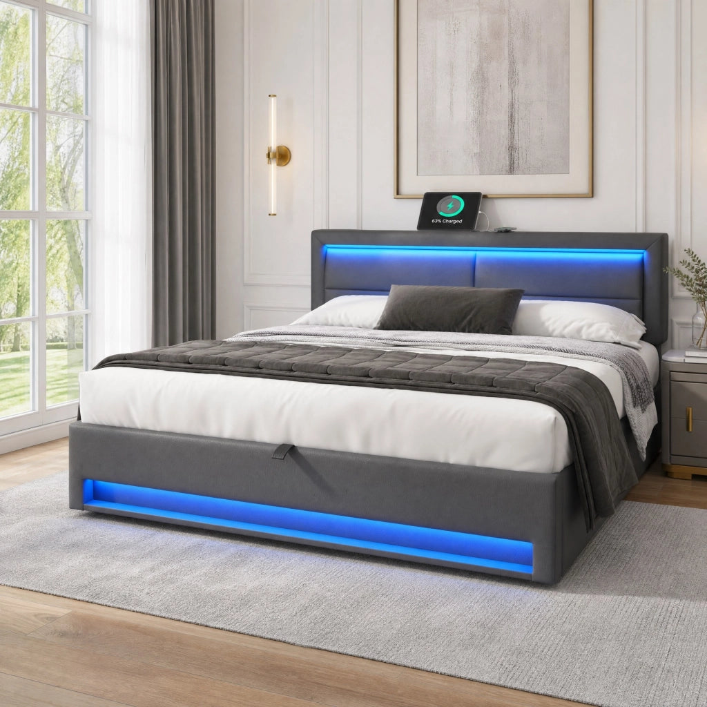 Letto imbottito 160x200 cm con LED, USB e contenitore grigio
