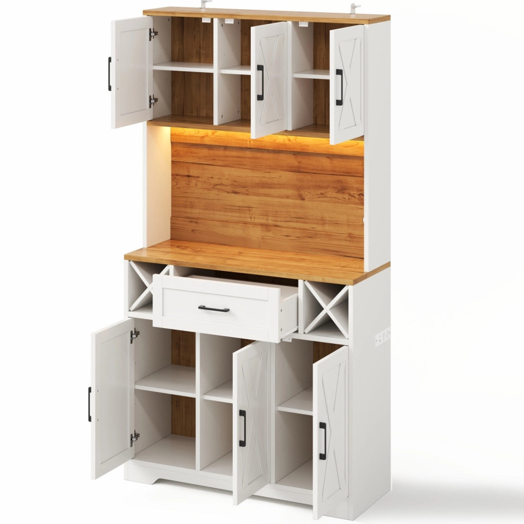Credenza da cucina 105x40x180 cm con LED RGB e portabottiglie in MDF naturale e bianco