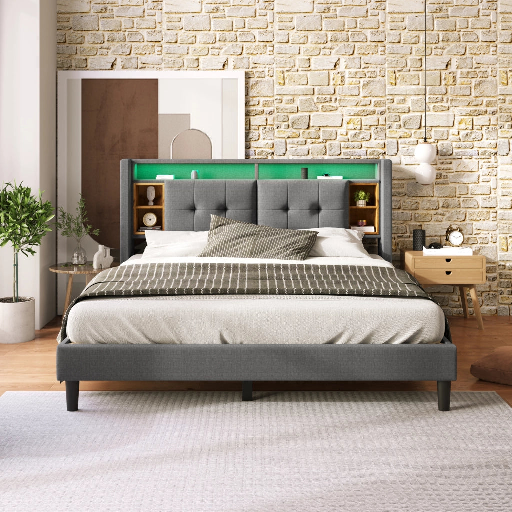 Letto imbottito 140 × 200 cm con testiera contenitore LED USB e prese in legno grigio
