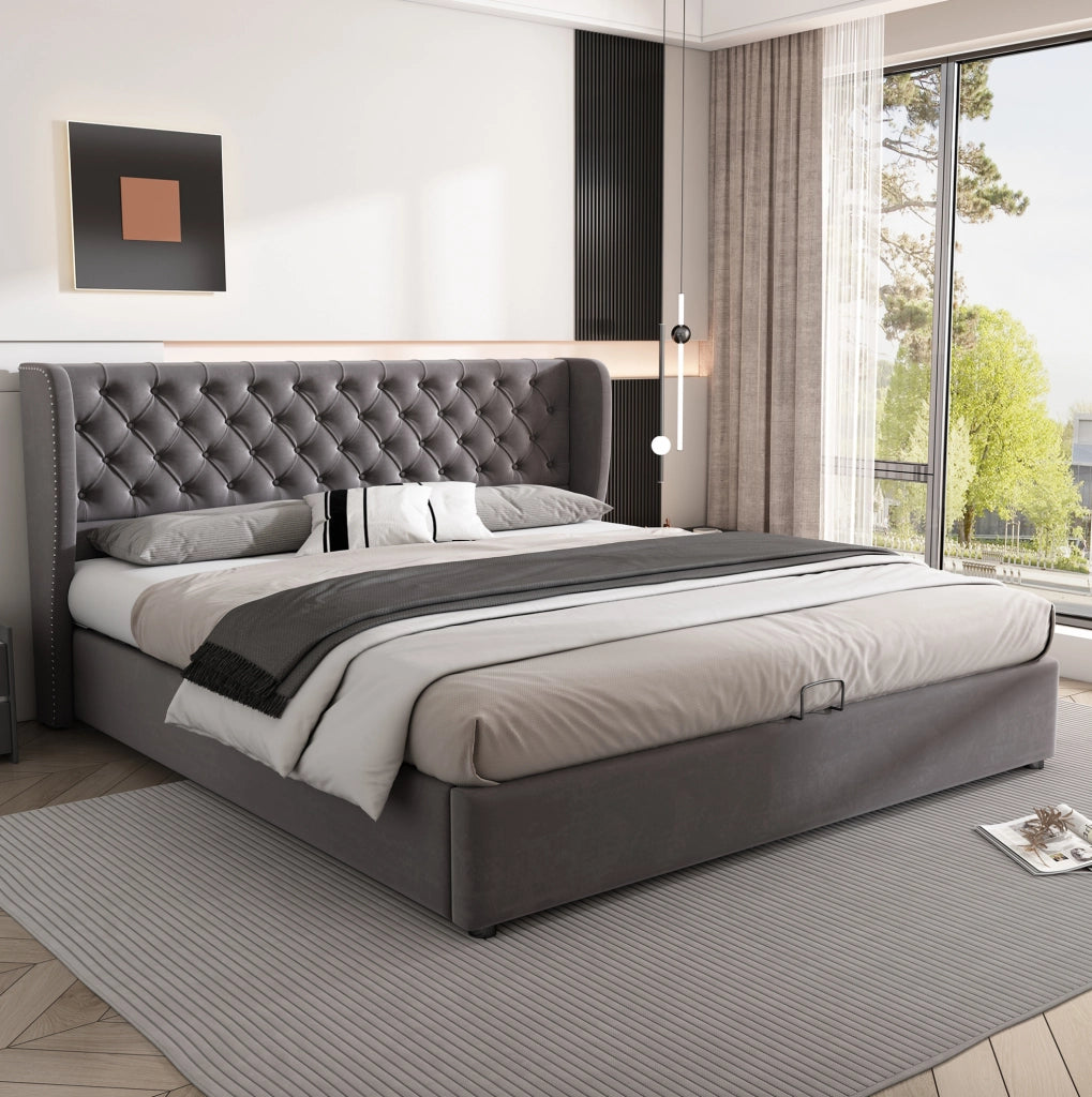 Letto imbottito in velluto grigio con contenitore e rete a doghe