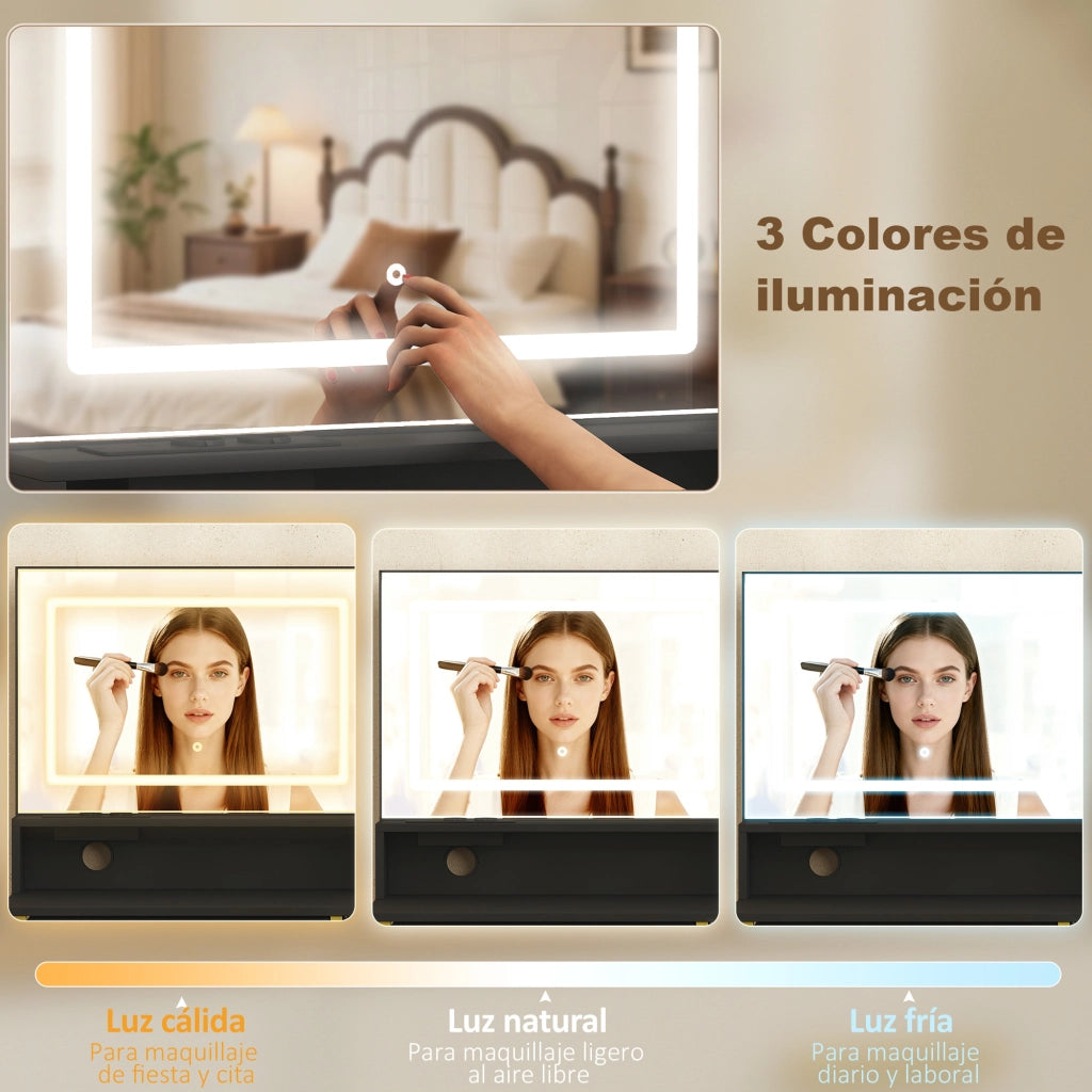 Cassettiera Trucco con Specchio e Luci LED ¨C Minimal ¨C Nero